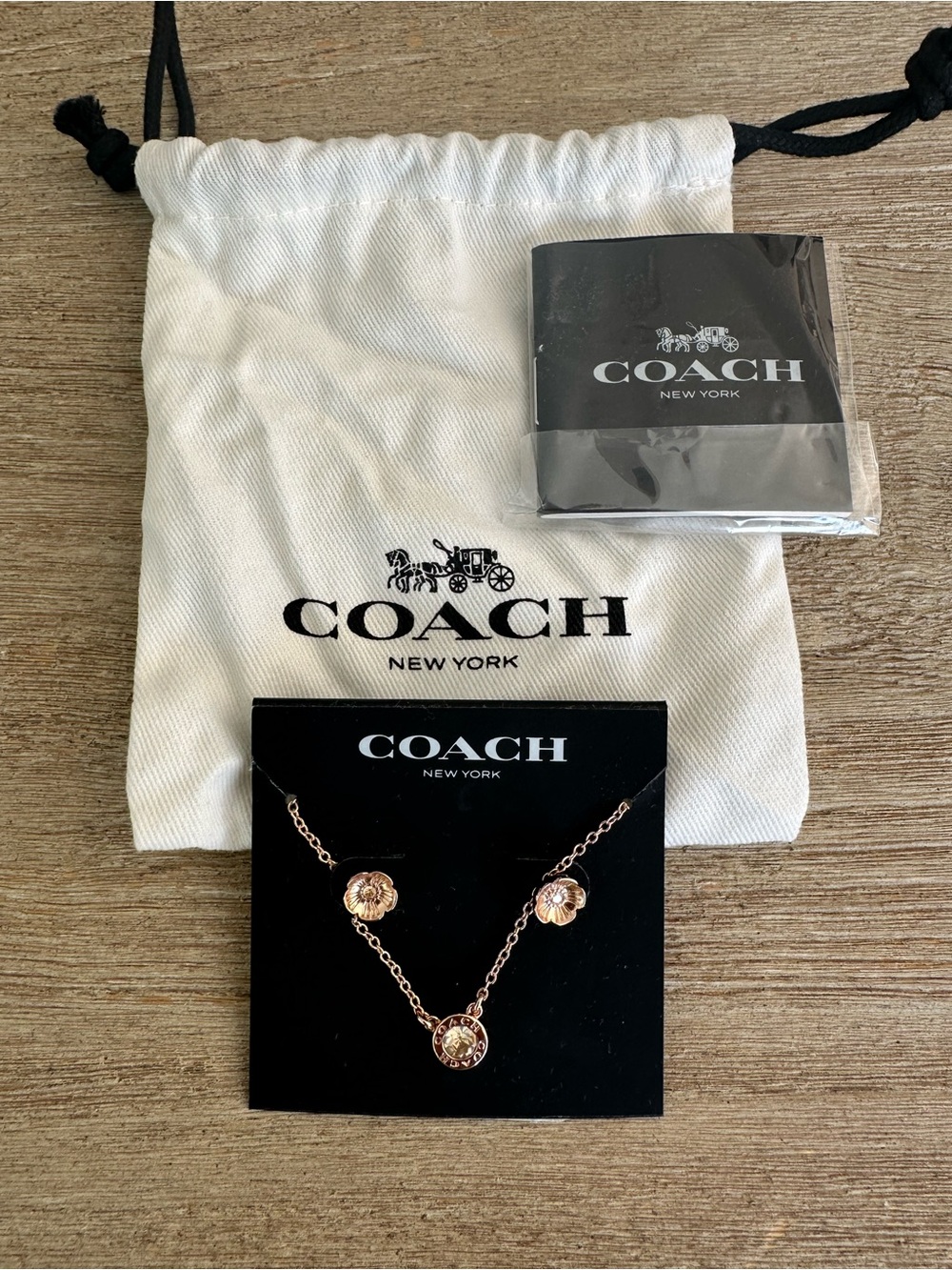 COACH Circle Necklace & Tea Rose Stud Earrings Set NWT
